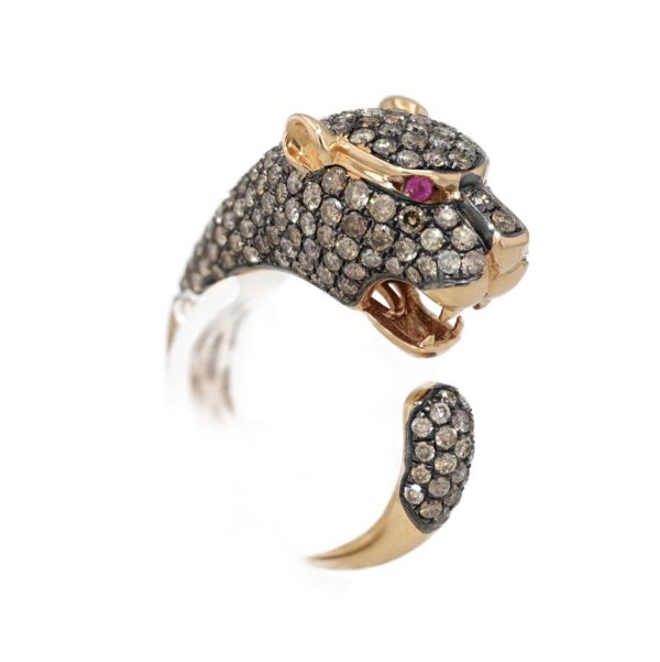 Bague panthère pavage diamants bruns et yeux rubis