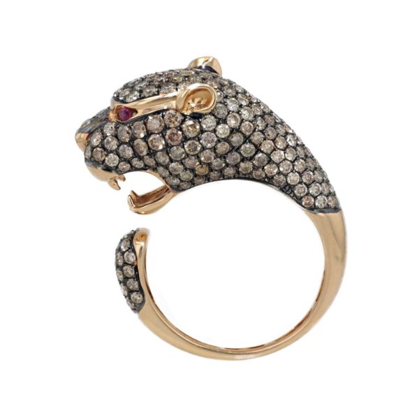 Bague panthère pavage diamants bruns et yeux rubis