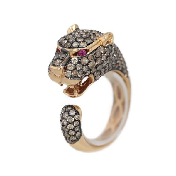 Bague panthère pavage diamants bruns et yeux rubis