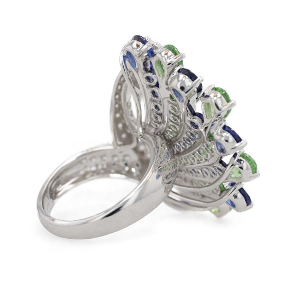 Bague paon pavage diamants, saphirs, tsavorite et rubis