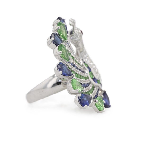 Bague paon pavage diamants, saphirs, tsavorite et rubis