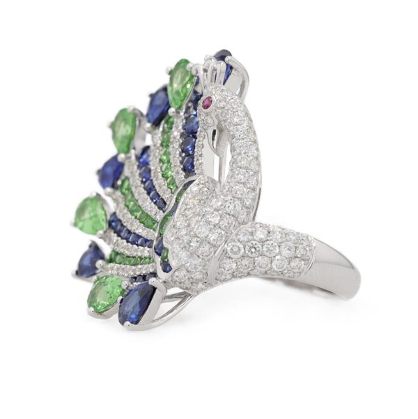 Bague paon pavage diamants, saphirs, tsavorite et rubis