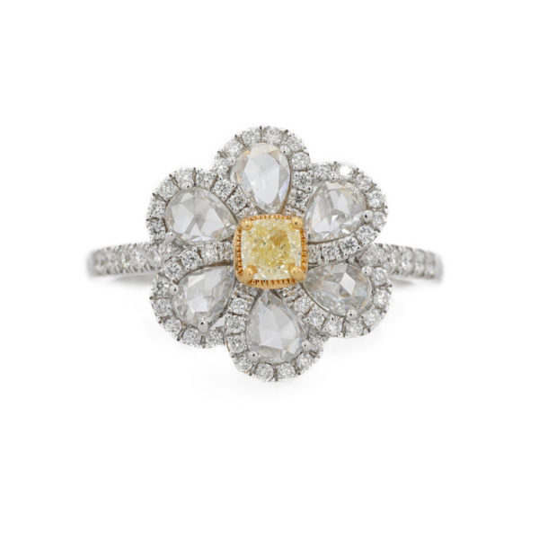 Bague fleur diamants blanc et jaune central