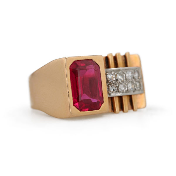 Bague Tank rubis synthétique et diamants