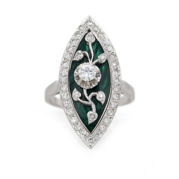 Bague marquise email vert et diamants