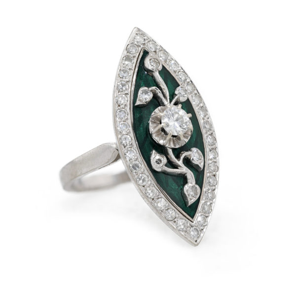 Bague marquise email vert et diamants