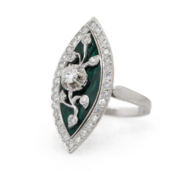 Bague marquise email vert et diamants