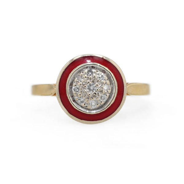 Bague ronde diamants entourage émail rouge