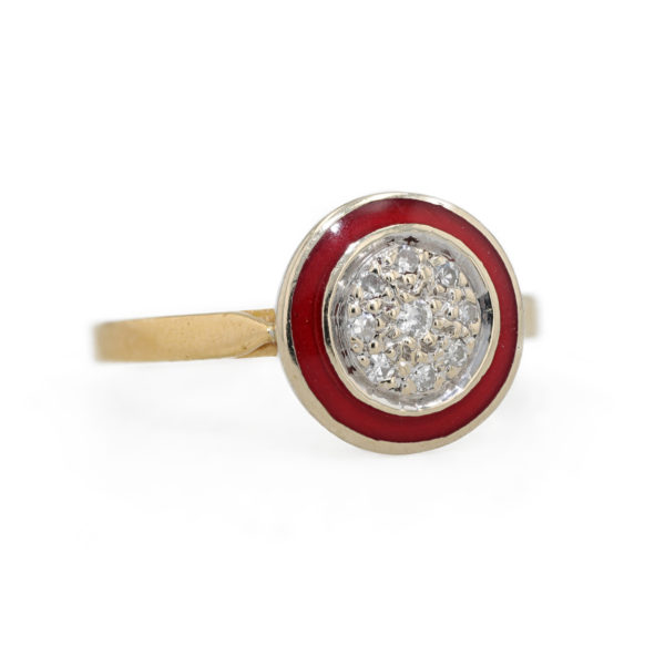 Bague ronde diamants entourage émail rouge