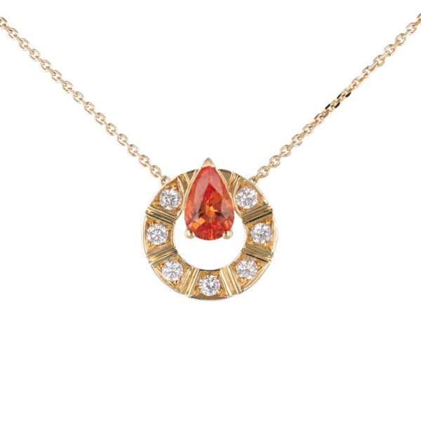 Collier saphir forme ronde orange en goutte et diamants