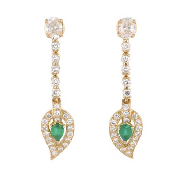 Boucles d'oreilles pendantes gouttes, ligne diamants et émeraudes