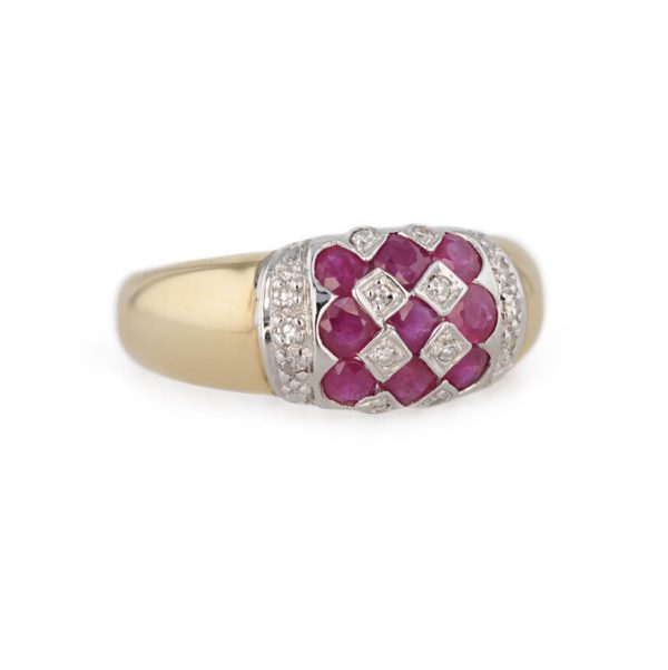 Bague jonc rubis et diamants damier