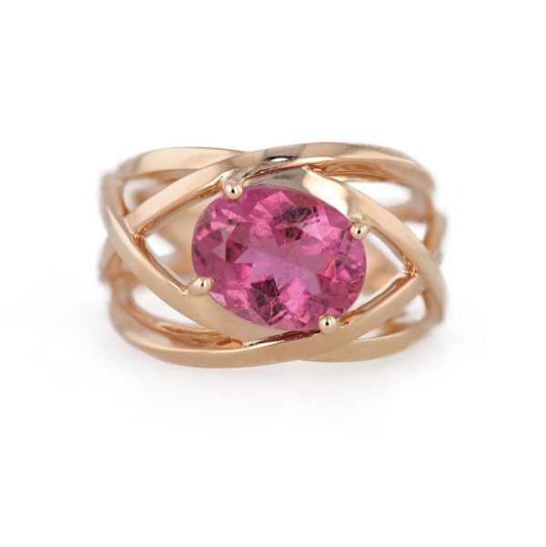 Bague large fils entrelacés tourmaline rose ovale