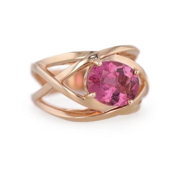 Bague large fils entrelacés tourmaline rose ovale