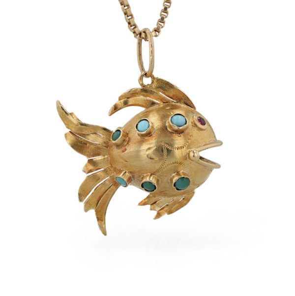 Pendentif Poisson multi turquoises avec des yeux rubis