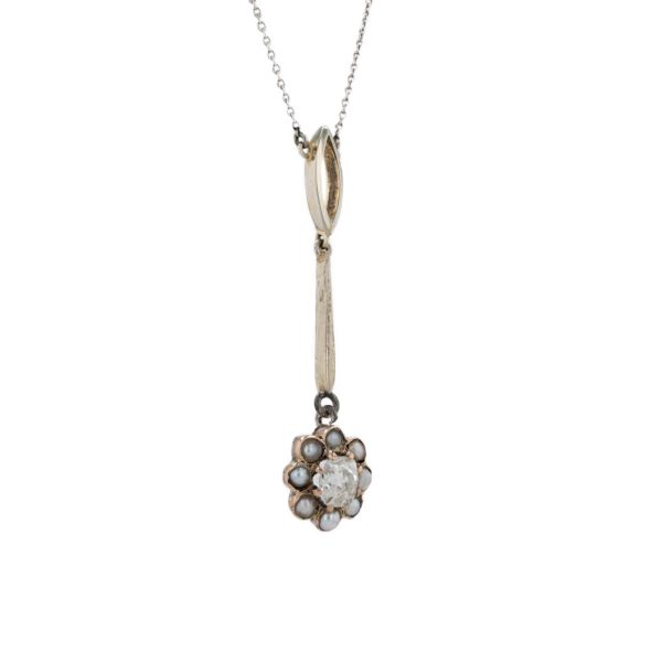 Tour de cou pendentif diamant taille ancienne entourage perle