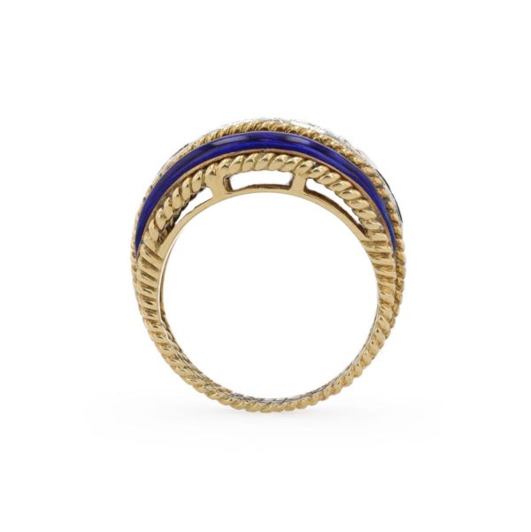 Bague jonc ligne de diamants et laque bleue