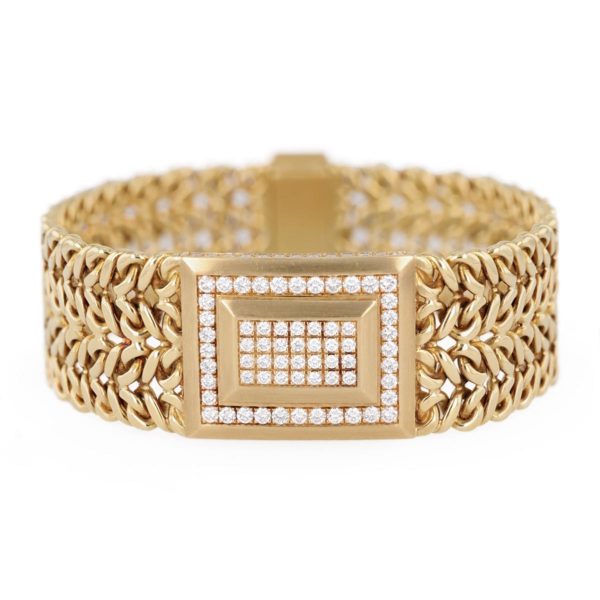Bracelet plat motif central pavage diamants et fermoir pavage diamants