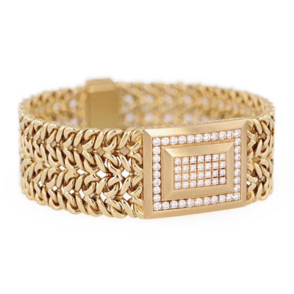 Bracelet plat motif central pavage diamants et fermoir pavage diamants