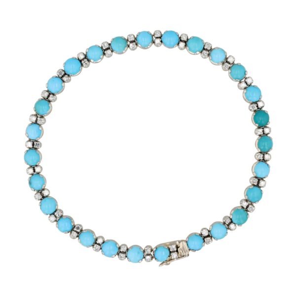 Bracelet rivière turquoises et diamants en or blanc 18 carats