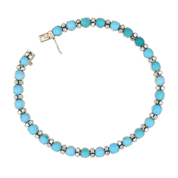 Bracelet rivière turquoises et diamants en or blanc 18 carats