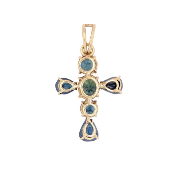 Pendentif croix multi saphirs en or jaune 18 carats