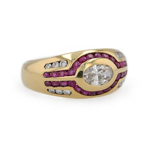 Bague jonc rubis et diamants en or jaune 18 carats