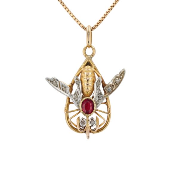 Pendentif insecte pierre rouge et diamants en or jaune 18 carats