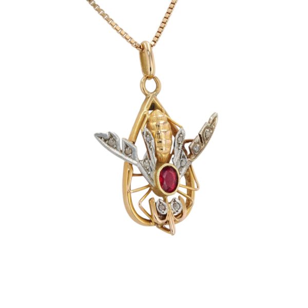 Pendentif insecte pierre rouge et diamants en or jaune 18 carats