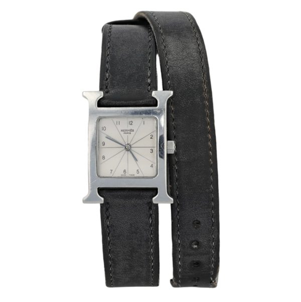 Montre Hermès bracelet double tour cuir noir en acier