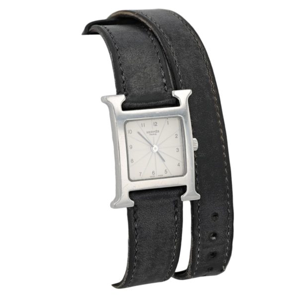 Montre Hermès bracelet double tour cuir noir en acier