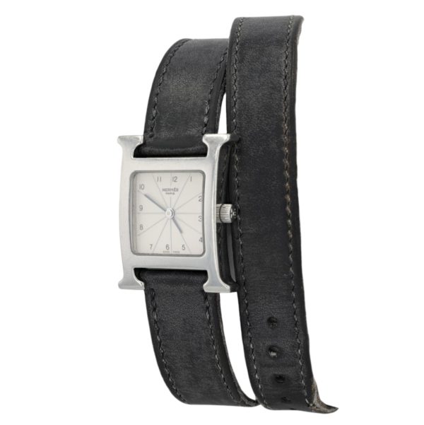 Montre Hermès bracelet double tour cuir noir en acier